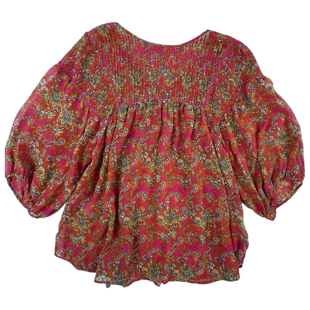 Anthropologie Lil Clara Peasant Blouse Women S M Pink Orange Paisley Floral - Picture 5 of 14